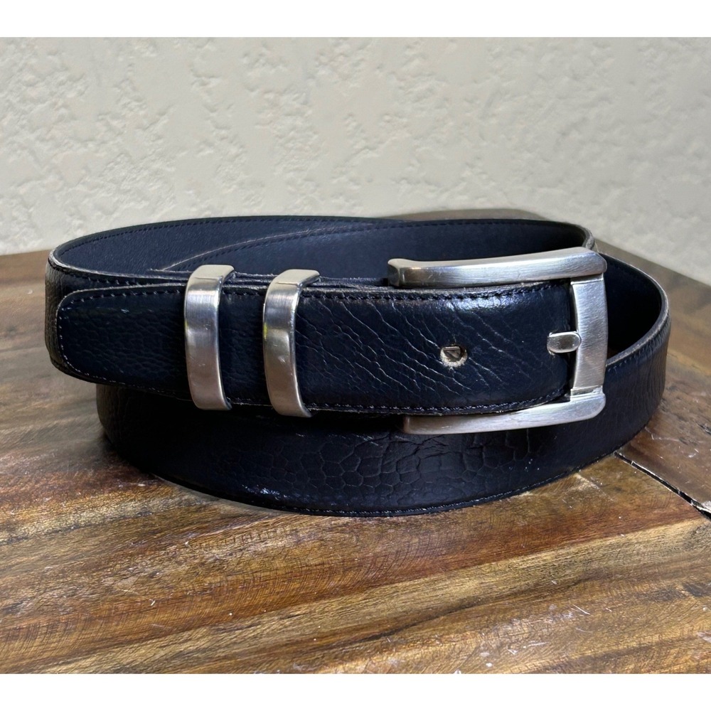 Italian Leather Belt Mens 38 Black Textured Euro Metal Italy Buckle